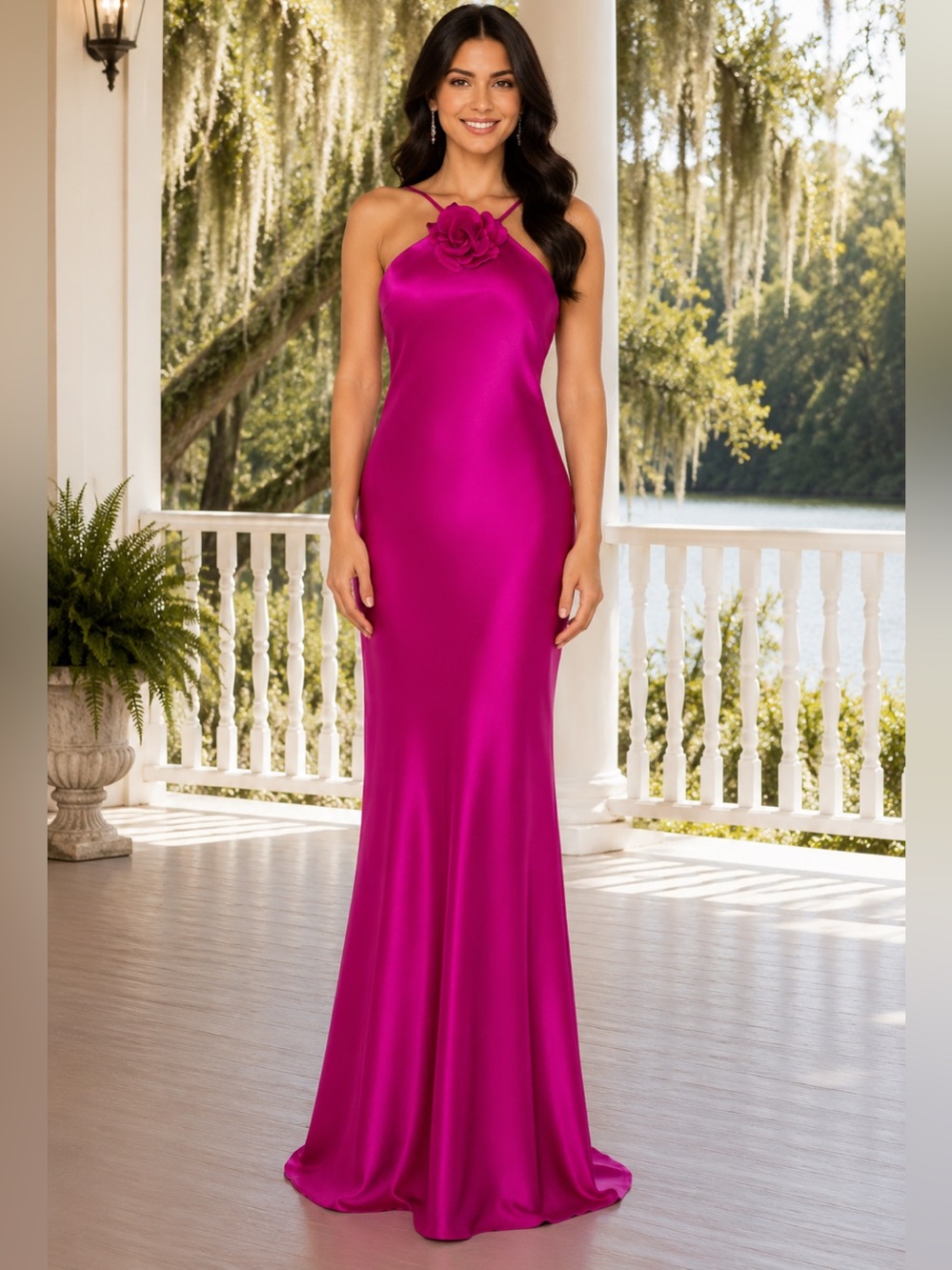 Xscape 6129X Magenta Satin Rose Appliqué Halter Evening Gown Sz 4